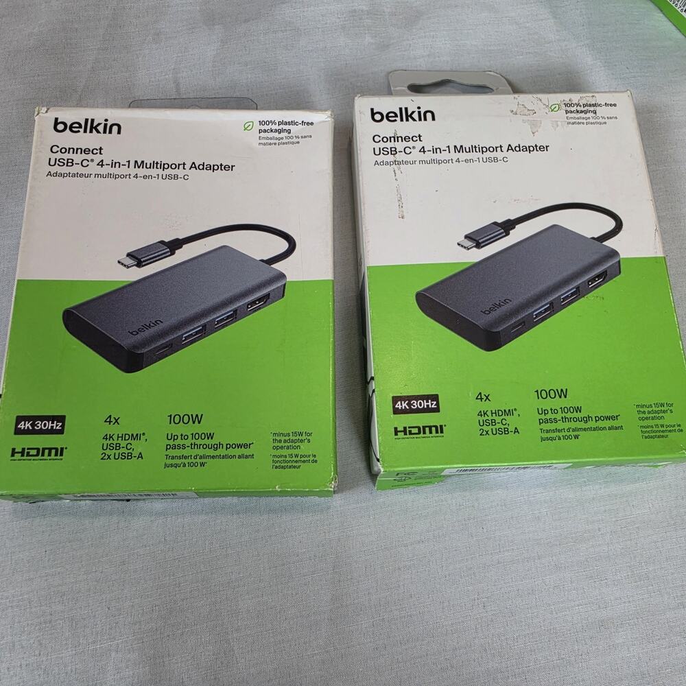 Lot of 2 Belkin Connect USB-C 4-in-1 Multiport Adapter HDMI 100W USB-A Open Box
